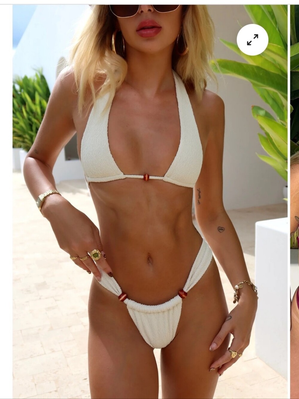 #40 NWT Hoaka Cream Textured Halter Bikini Set with Wooden Ring Accents